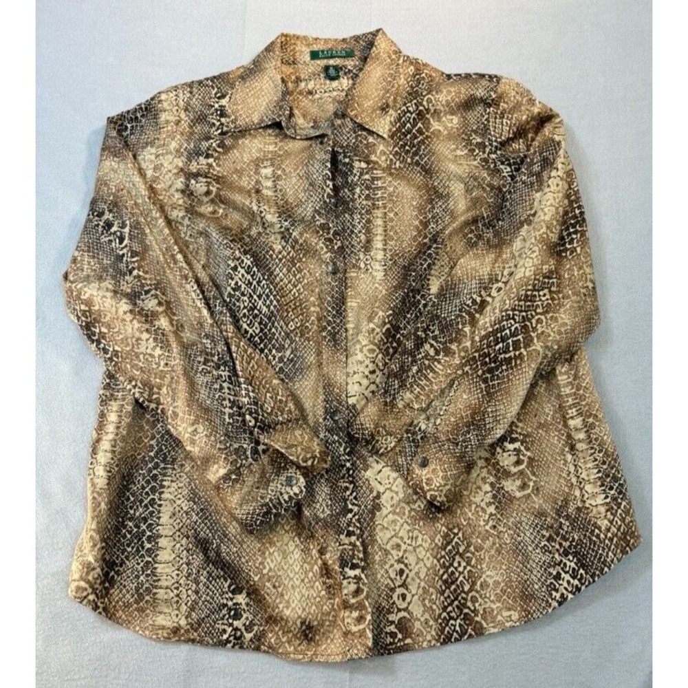 Lauren Ralph‎ Shirt Blouse 1X Snake Skin Print Black 3/4 Sleeve Womens